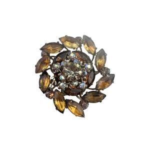Vintage Tiered Brooch Yellow Amber Color AB Crystals